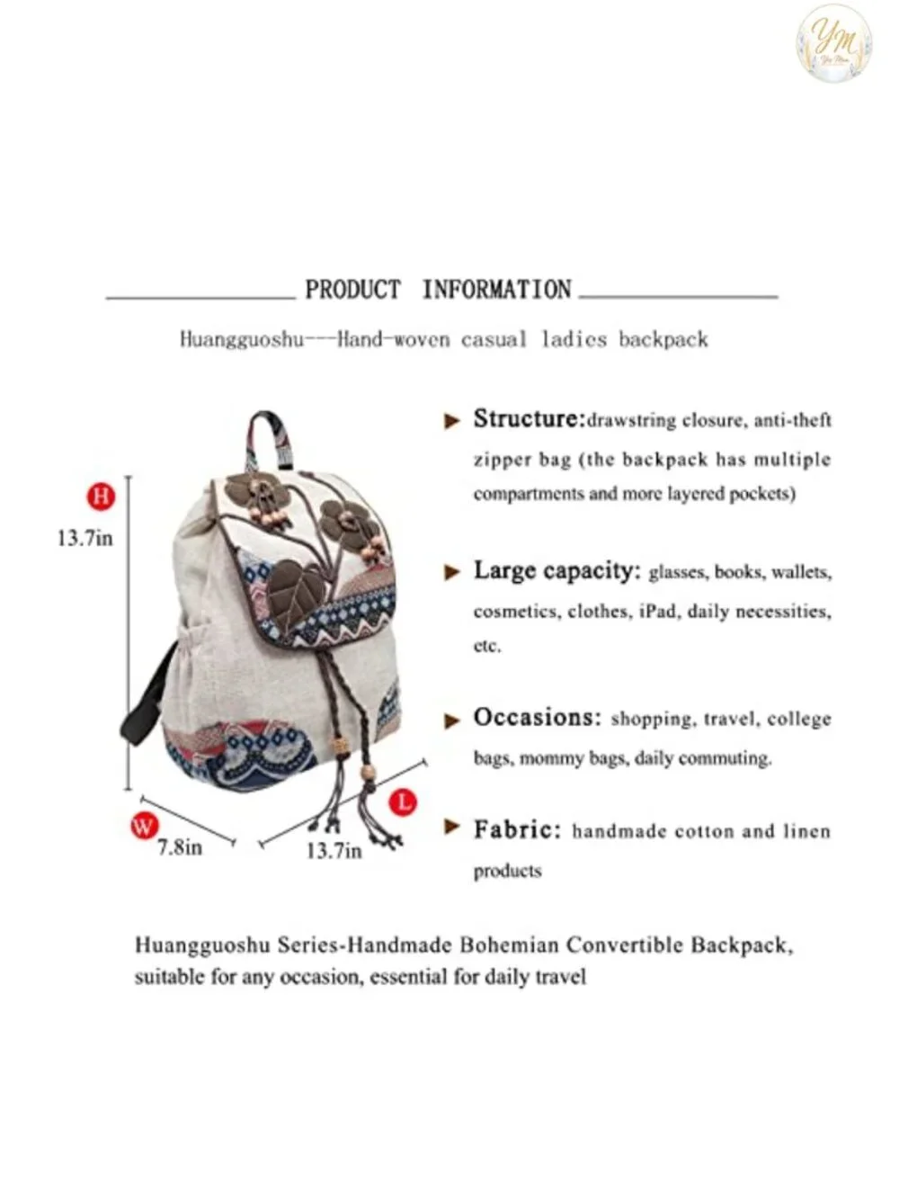 Vintage Bohemian Convertible Anti-Theft Canvas Drawstring Backpack Purse Women